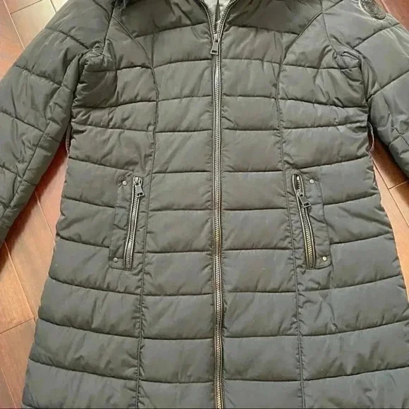 Bebe Long Quilted Winter Puffer Coat Faux Fur Trim Hood Black Size Large - Picture 11 of 16